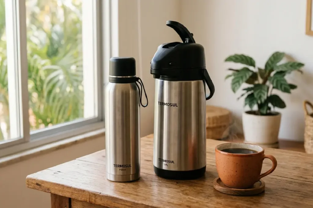 Garrafa térmica de inox e garrafa com bomba sobre mesa de madeira com xícara de café