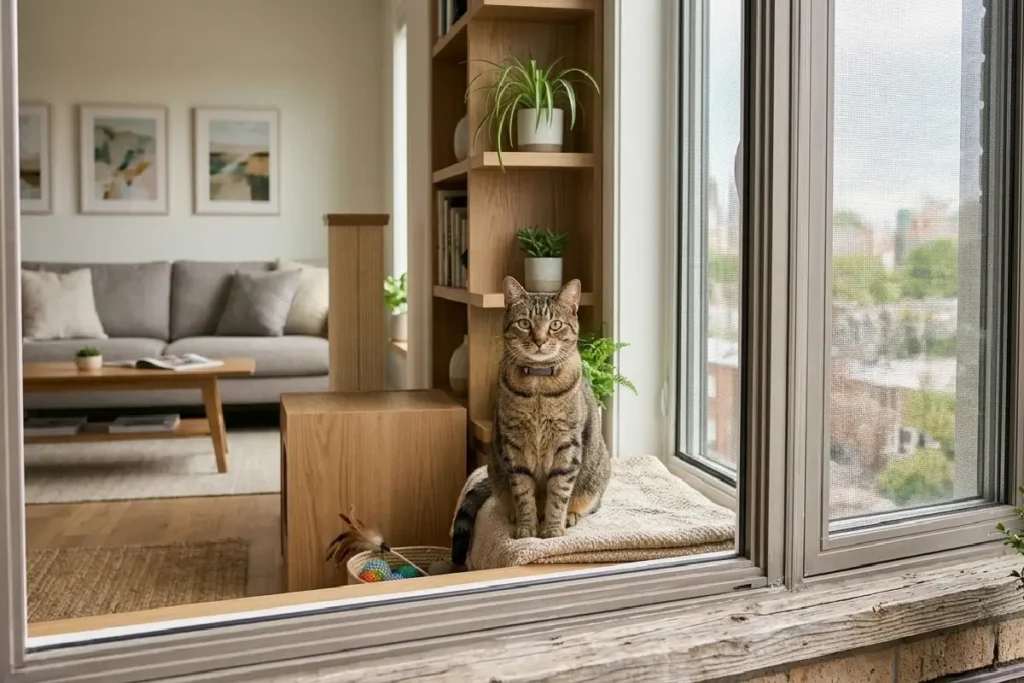 Gato em apartamento seguro e confortável