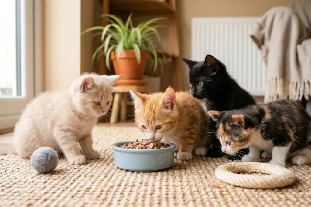 Gatos filhotes sendo alimentados em ambiente doméstico seguro