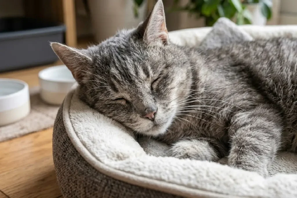 Gato idoso descansando em ambiente confortável e adaptado