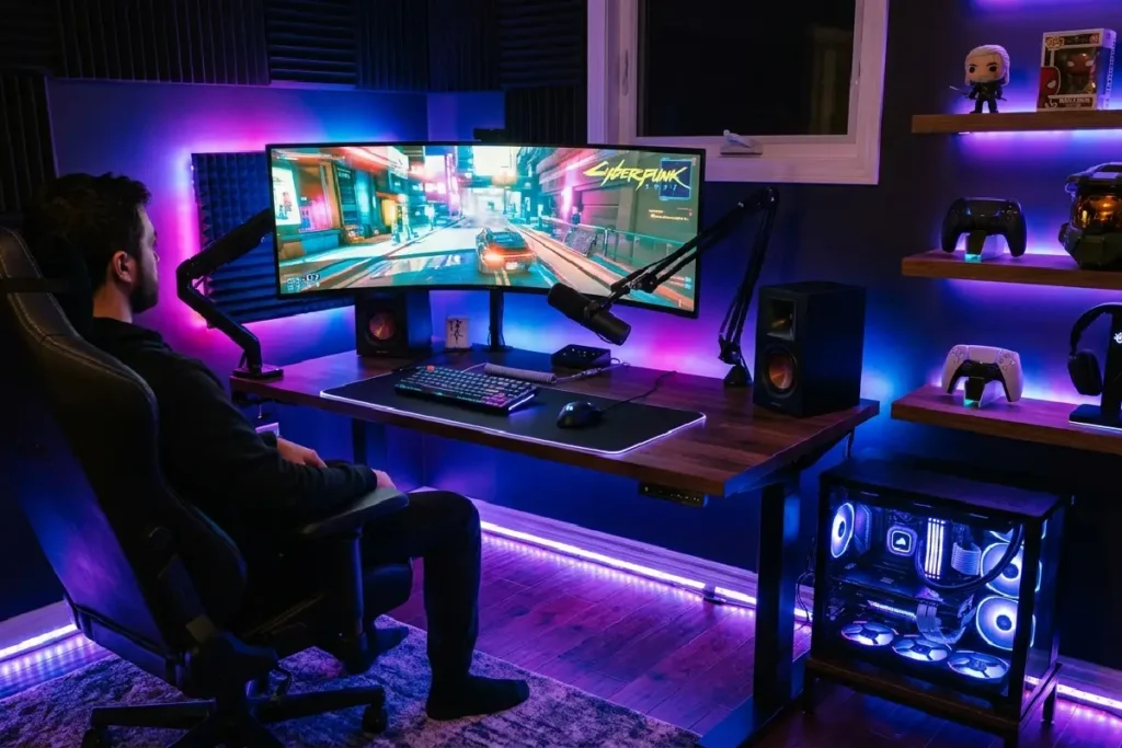 Setup gamer com fitas LED RGB e bias lighting atrás do monitor criando atmosfera imersiva em 2026