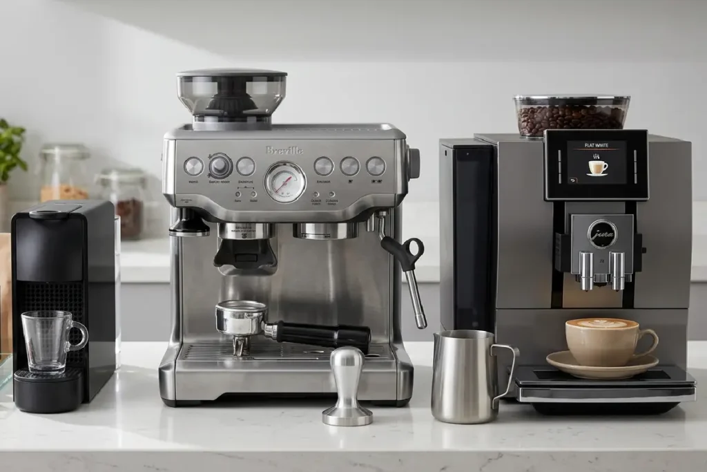 Máquinas de café espresso em diferentes tipos e marcas sobre bancada de cozinha moderna em 2026