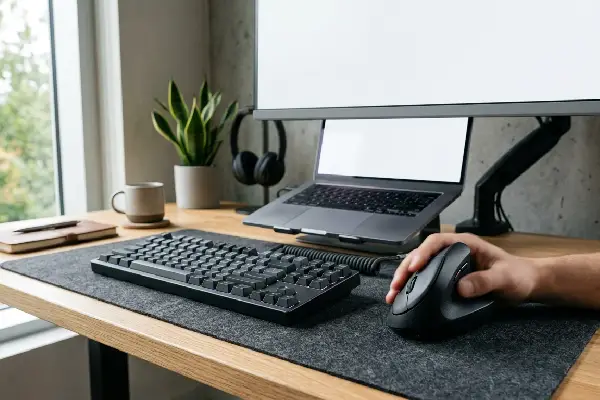 Mouse vertical ergonômico sem fio sobre uma mesa de escritório ao lado de notebook e teclado.
