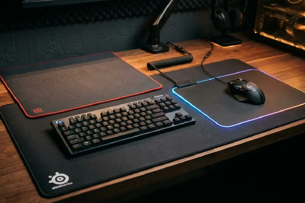 Mousepads gamer em diferentes tamanhos e tipos sobre mesa de setup gamer em 2026