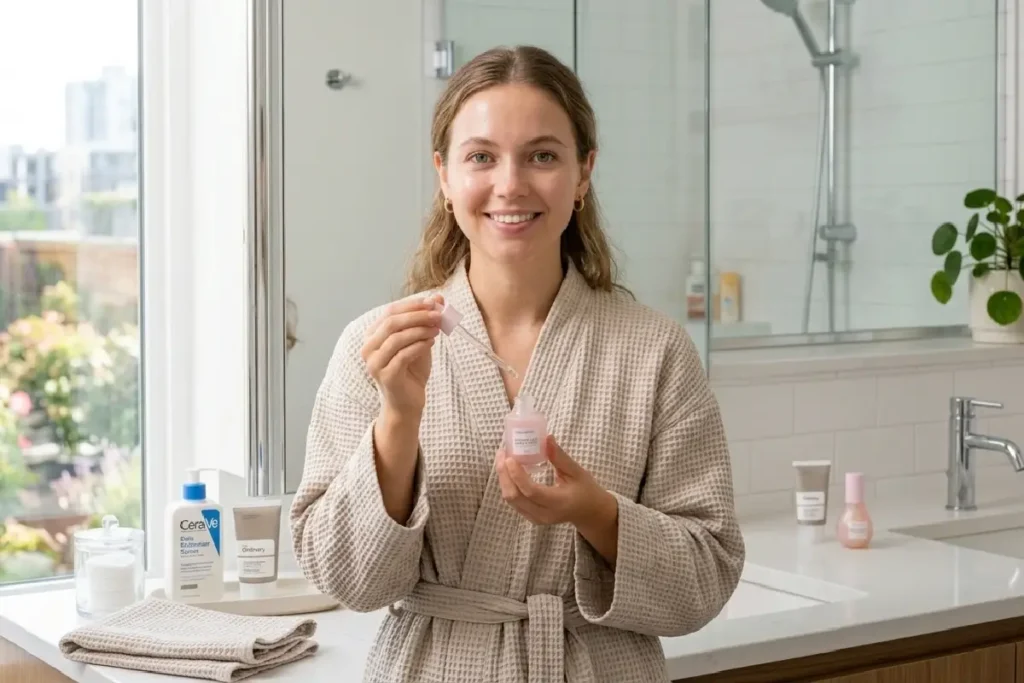 Mulher aplicando sérum com niacinamida durante rotina de skincare.