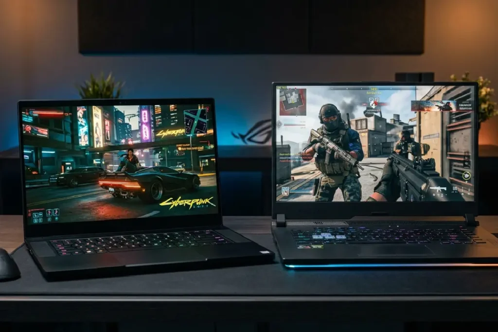 Notebooks gamer em diferentes tamanhos e perfis abertos sobre mesa de setup moderno em 2026