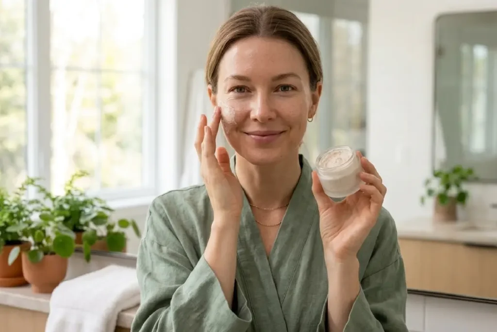 Mulher aplicando hidratante facial durante rotina de cuidados para pele sensível