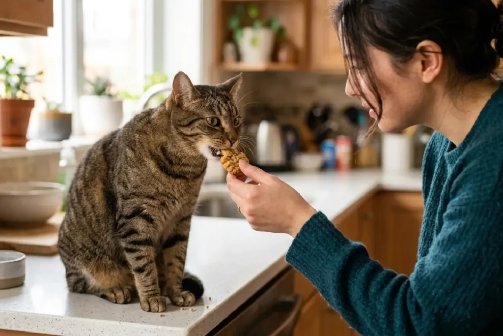 Tutor oferecendo petisco cremoso para gato rajado em ambiente doméstico