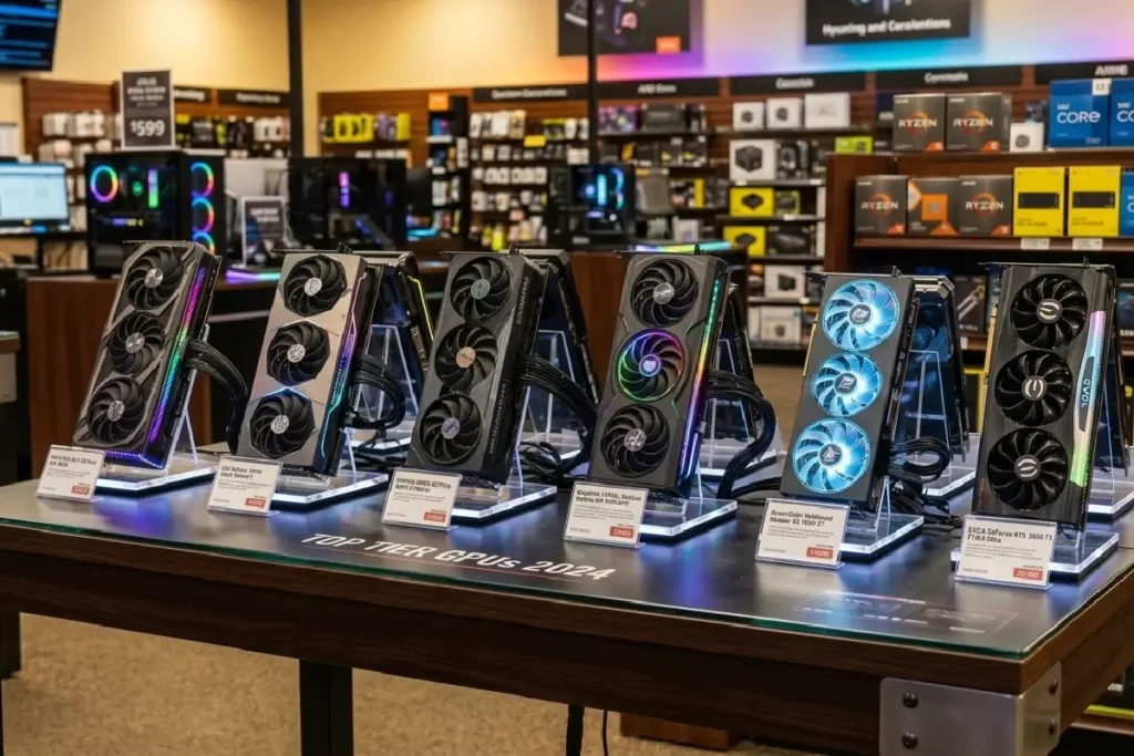 Placas de vídeo NVIDIA RTX e AMD RX de diferentes faixas de preço sobre superfície moderna em 2026