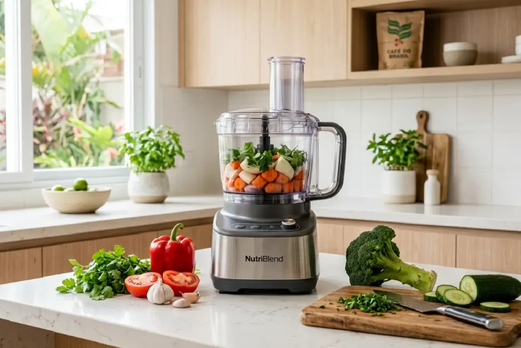 Processador de alimentos em bancada de cozinha com legumes frescos ao redor