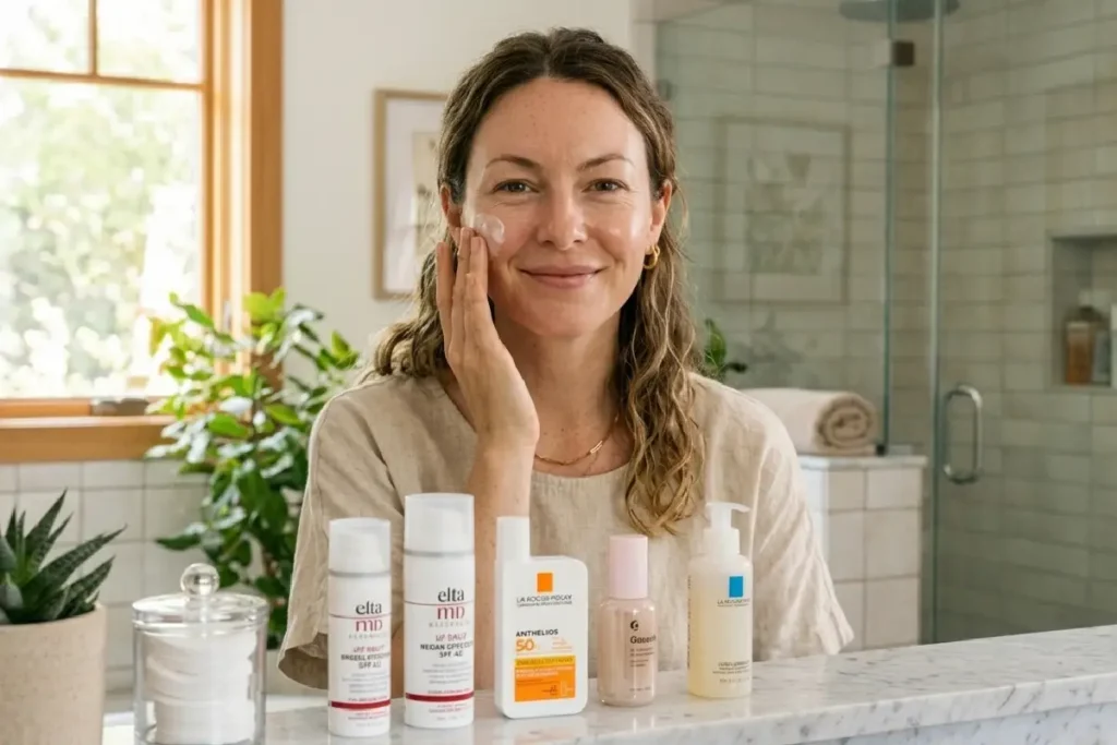 Mulher aplicando protetor solar facial durante rotina diária de cuidados com a pele.