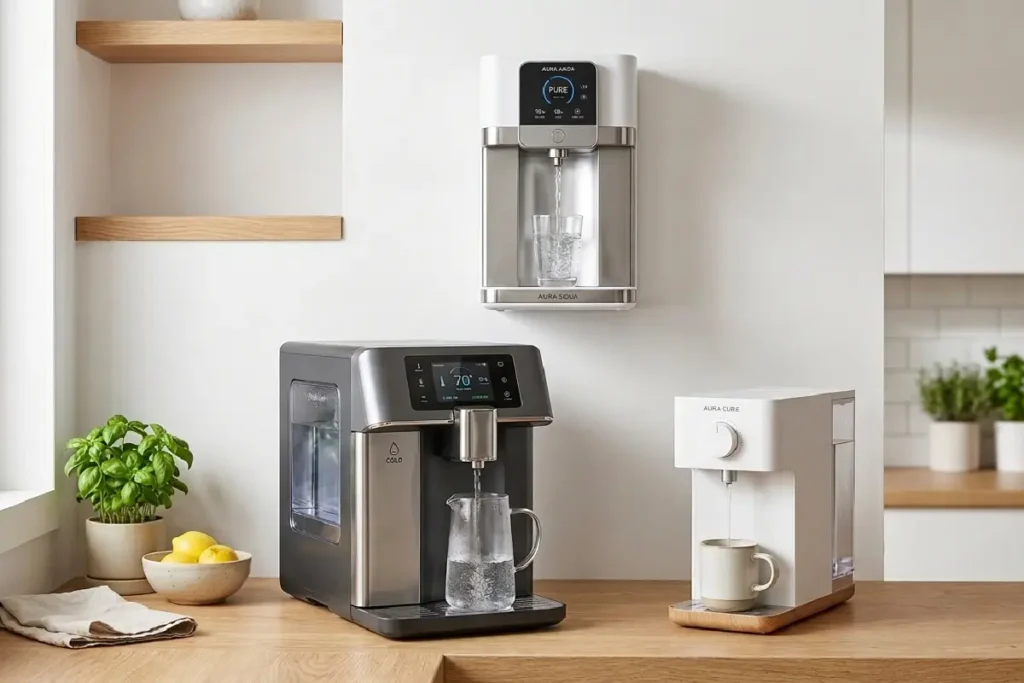 Purificadores de água de diferentes tipos e marcas sobre bancada de cozinha moderna