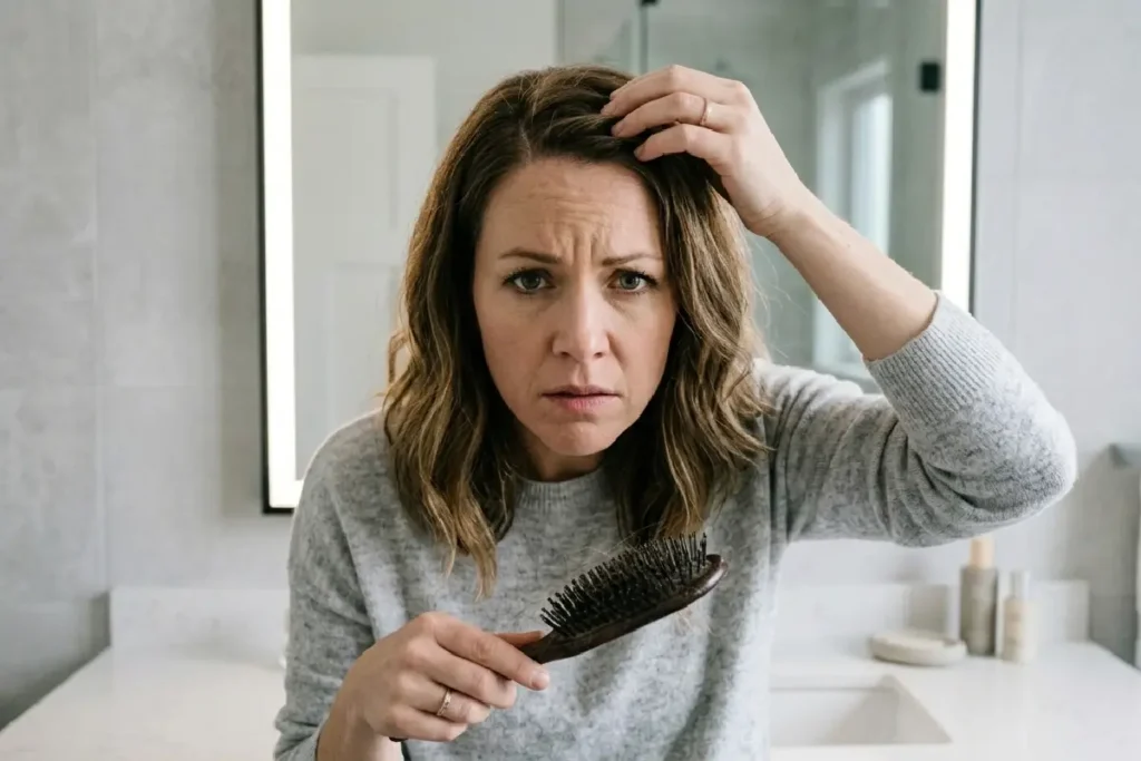 Mulher observando queda de cabelo na escova durante a rotina de cuidados