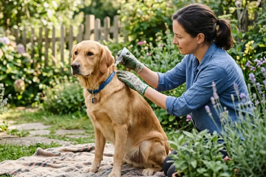 Tutor aplicando repelente pipeta antiparasitária na nuca de cachorro dourado