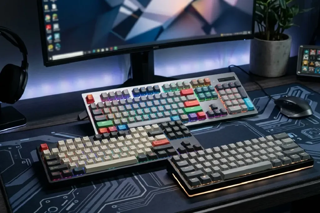 Teclados mecânicos em diferentes formatos e tamanhos sobre mesa de setup gamer em 2026