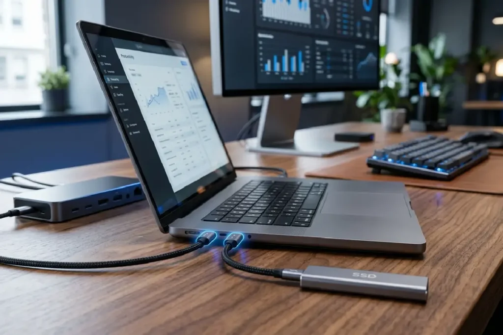 Notebook moderno com portas Thunderbolt 4 e USB4 conectadas a monitor, SSD externo e dock USB-C.