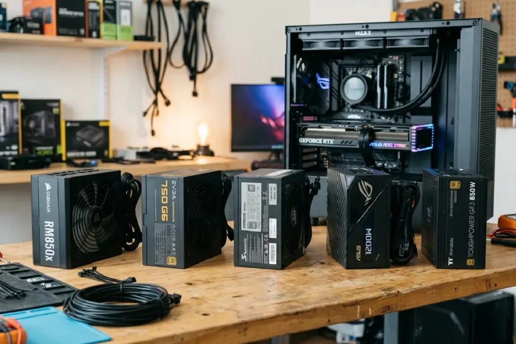 Top 5 fontes para PC gamer em 2026, várias fontes ATX com certificação 80 Plus alinhadas ao lado de um gabinete aberto e placa de vídeo, representando opções custo-benefício