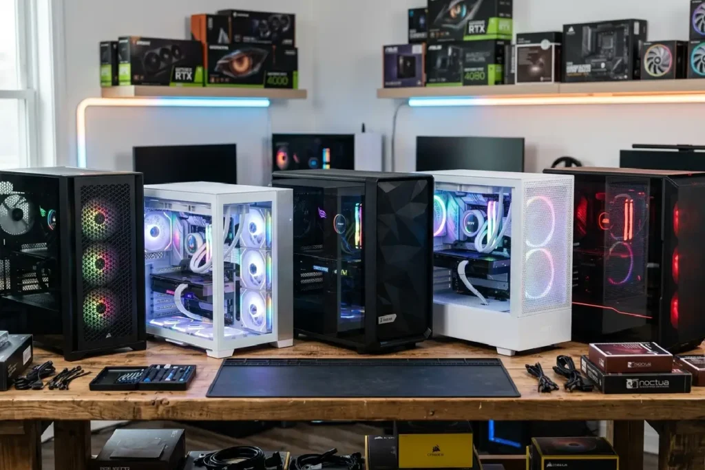 Top 5 gabinetes gamer em 2026, diferentes gabinetes mid tower e micro atx com frente mesh e vidro temperado alinhados em uma mesa de montagem de PC, destacando airflow e custo-benefício.