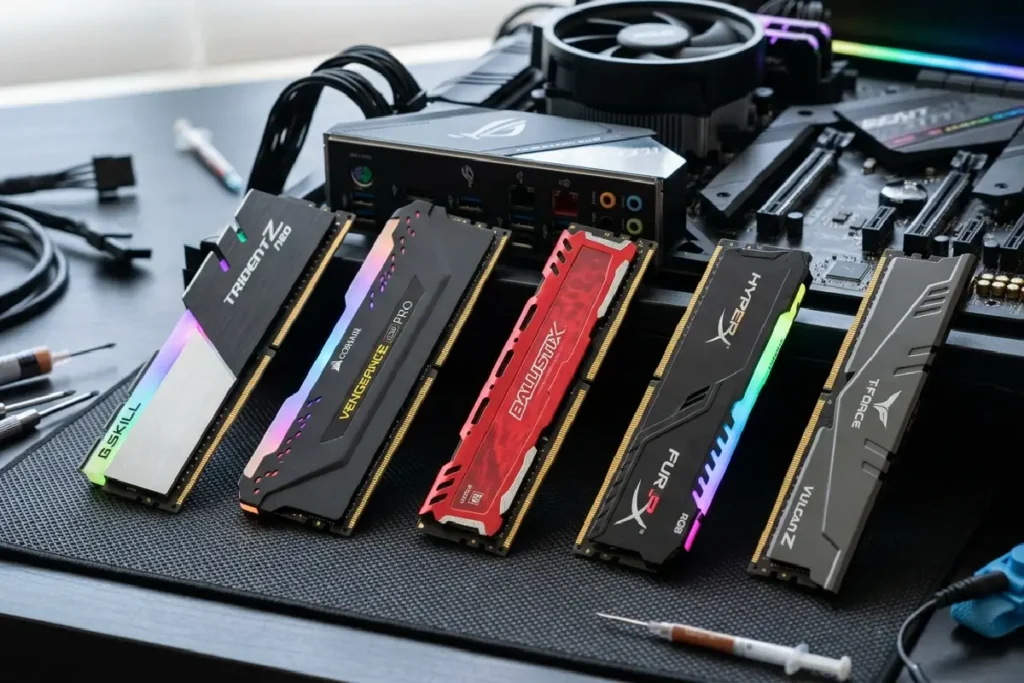 Top 5 memórias RAM DDR4 16GB em 2026, módulos Corsair Kingston Teamgroup Crucial XPG organizados ao lado de uma placa-mãe em setup gamer, destaque para frequência 3200 MHz e custo-benefício