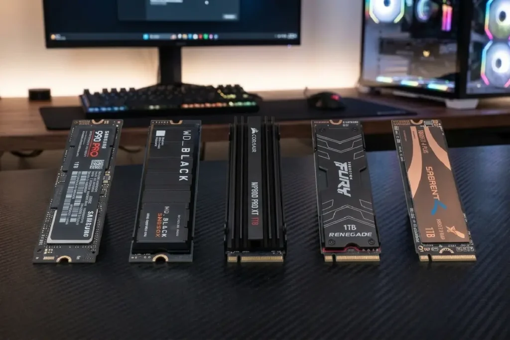 Top 5 SSD NVMe 1TB em 2026, cinco unidades M.2 de marcas Samsung WD Black Kingston Teamgroup Crucial alinhadas sobre placa-mãe em setup gamer, representando opções de custo-benefício