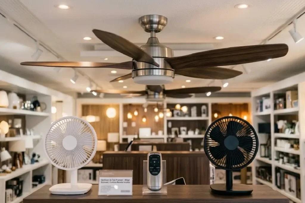 Ventilador de teto e de mesa instalado em sala de estar moderna e iluminada